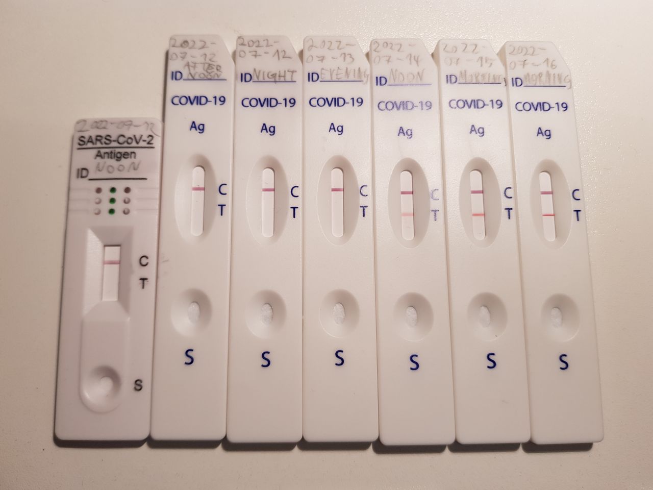 Seven Coronavirus antigen self tests, chronologically from left to right, all showing the control strip, but only the three rightmost also showing the positive test result strip. The leftmost is formed differently than the others (different producer). Datetimes are written on the tests (from left to right): "2022-07-12 NOON", "2022-07-12 AFTERNOON", "2022-07-12 NIGHT", "2022-07-13 EVENING", "2022-07-14 NOON", "2022-07-15 MORNING", "2022-07-16 MORNING"
